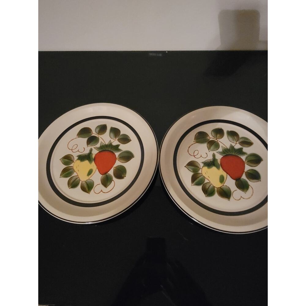 Vintage MCM 70s Strawberry Stoneware Dinner Plates Sears Japan HandPainted Set 2